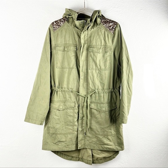 ELLOS |🪖💛Army Green Hooded Gold Sparkly Shoulders Long Trench Coat - Picture 12 of 12